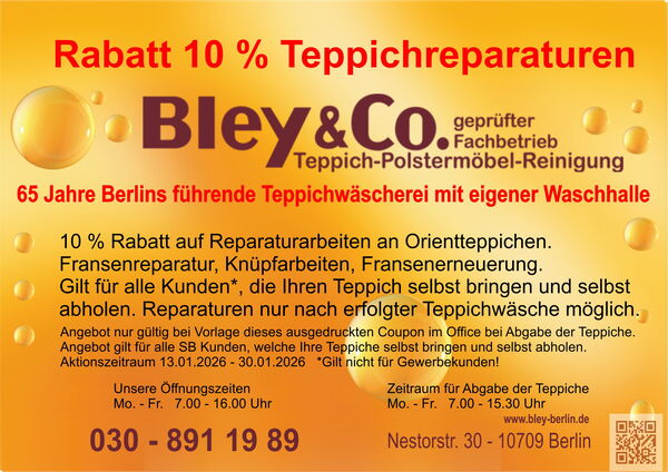 Rabatt 10 % auf Teppichreparaturen an Orientteppichen 01.2026 Teppichwäscherei Bley & Co.